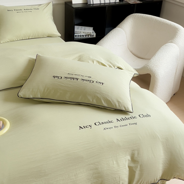 91家纺网 家纺一手货源 找家纺 尤米 2023新款莫奈系列水洗棉绣花麻绳款四件套 莫奈-抹茶绿