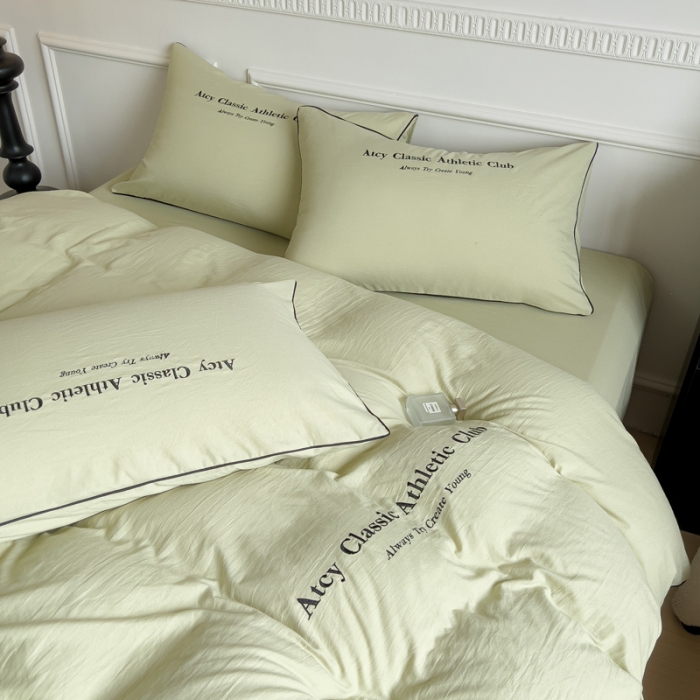 91家纺网 家纺一手货源 找家纺 尤米 2023新款莫奈系列水洗棉绣花麻绳款四件套 莫奈-抹茶绿