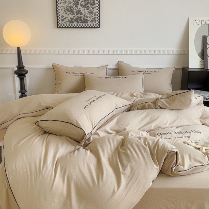 91家纺网 家纺一手货源 找家纺 尤米 2023新款莫奈系列水洗棉绣花麻绳款四件套 莫奈-米杏色