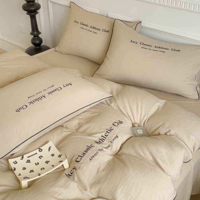 91家纺网 家纺一手货源 找家纺 尤米 2023新款莫奈系列水洗棉绣花麻绳款四件套 莫奈-米杏色