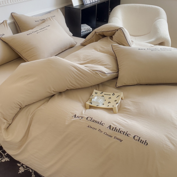 91家纺网 家纺一手货源 找家纺 尤米 2023新款莫奈系列水洗棉绣花麻绳款四件套 莫奈-米杏色