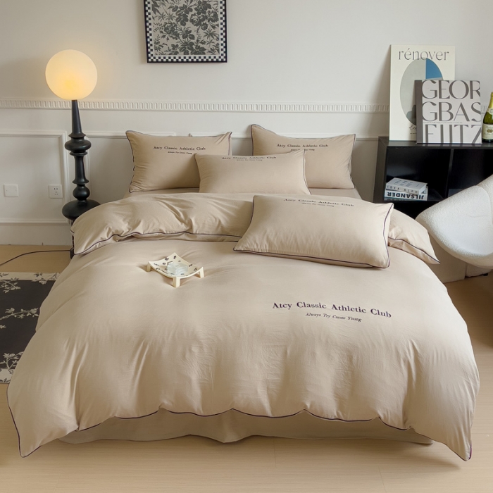 91家纺网 家纺一手货源 找家纺 尤米 2023新款莫奈系列水洗棉绣花麻绳款四件套 莫奈-米杏色