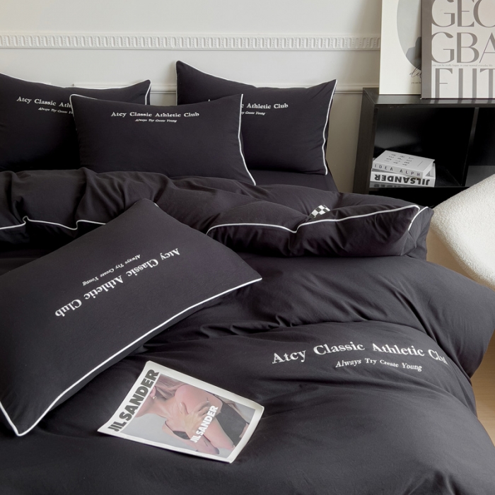 91家纺网 家纺一手货源 找家纺 尤米 2023新款莫奈系列水洗棉绣花麻绳款四件套 莫奈-魅影黑