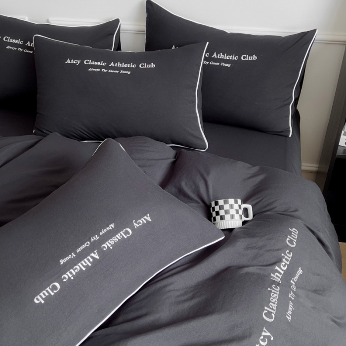 91家纺网 家纺一手货源 找家纺 尤米 2023新款莫奈系列水洗棉绣花麻绳款四件套 莫奈-魅影黑