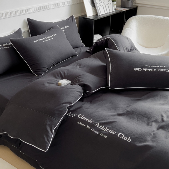 91家纺网 家纺一手货源 找家纺 尤米 2023新款莫奈系列水洗棉绣花麻绳款四件套 莫奈-魅影黑