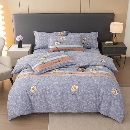 91家纺网 家纺一手货源 找家纺 喜四方 2024新款全棉磨毛纯棉印花四件套 清恬花语-灰