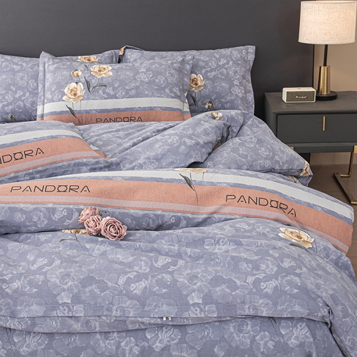 91家纺网 家纺一手货源 找家纺 喜四方 2024新款全棉磨毛纯棉印花四件套 清恬花语-灰