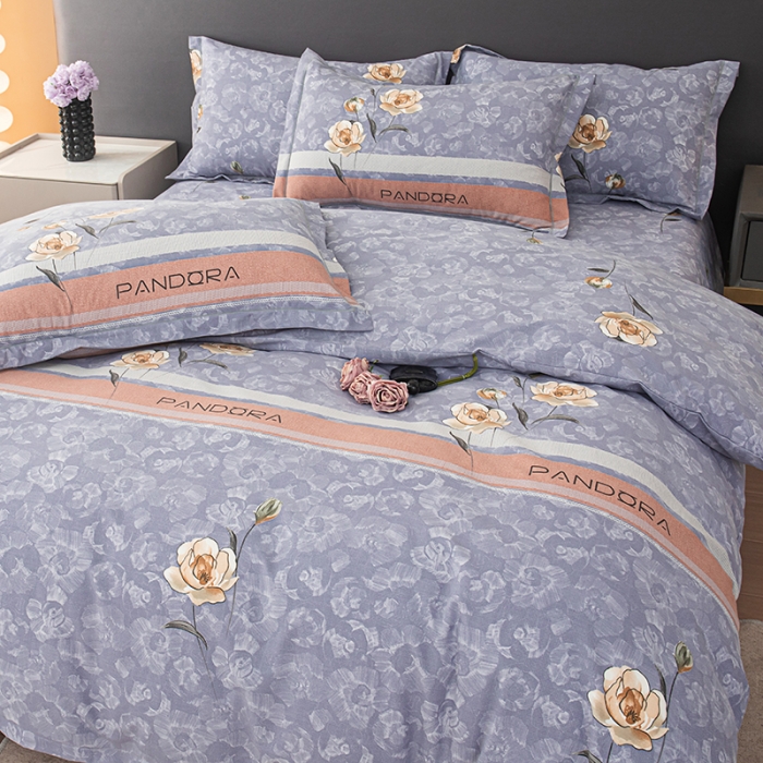 91家纺网 家纺一手货源 找家纺 喜四方 2024新款全棉磨毛纯棉印花四件套 清恬花语-灰