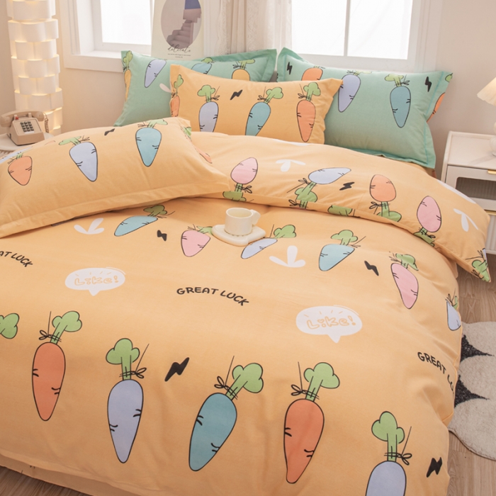 91家纺网 家纺一手货源 找家纺 喜四方 2024新款全棉磨毛纯棉印花四件套 幸运萝卜-黄