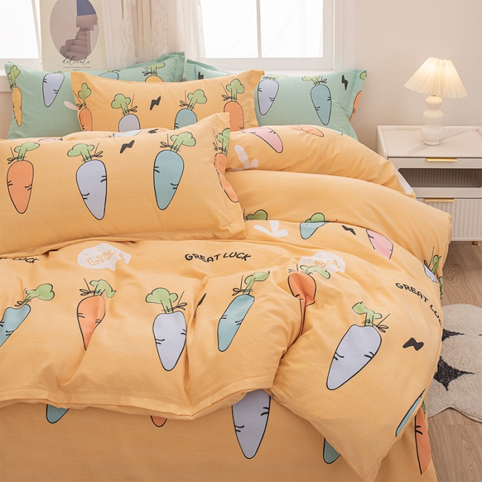 91家纺网 家纺一手货源 找家纺 喜四方 2024新款全棉磨毛纯棉印花四件套 幸运萝卜-黄