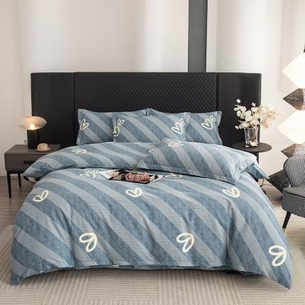 91家纺网 家纺一手货源 找家纺 喜四方 2024新款全棉磨毛纯棉印花四件套 一心一意-蓝