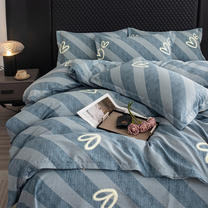 91家纺网 家纺一手货源 找家纺 喜四方 2024新款全棉磨毛纯棉印花四件套 一心一意-蓝