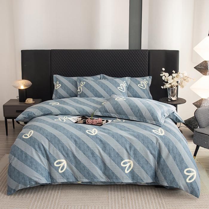 91家纺网 家纺一手货源 找家纺 喜四方 2024新款全棉磨毛纯棉印花四件套 一心一意-蓝