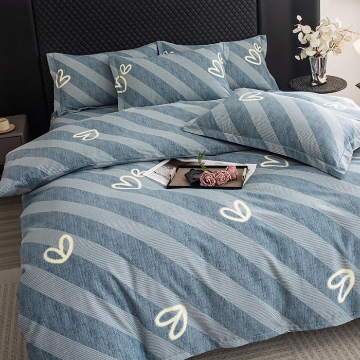 91家纺网 家纺一手货源 找家纺 喜四方 2024新款全棉磨毛纯棉印花四件套 一心一意-蓝