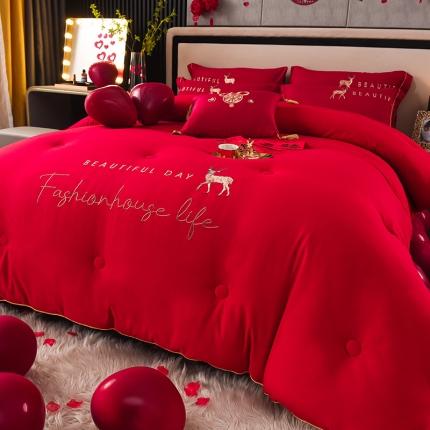 91家纺网 家纺一手货源 找家纺 2023款婚庆水洗棉绣花大豆春秋被冬被喜被婚庆被一鹿有你大红