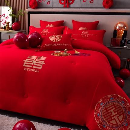 91家纺网 家纺一手货源 找家纺 卓缦新款直播婚庆水洗棉绣花大豆春秋被冬被喜被婚庆被 喜盈门-大红
