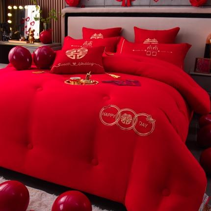 91家纺网 家纺一手货源 找家纺 卓缦 2023款婚庆水洗棉绣花大豆春秋被冬被喜被婚庆被如意双喜大红