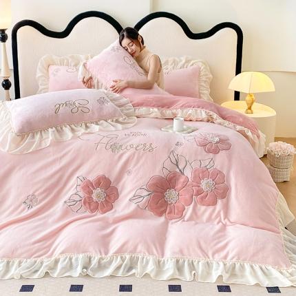 漫布云秋冬230g9.5斤全消光牛奶绒四件套法式公主风婴儿绒雪纺花边款