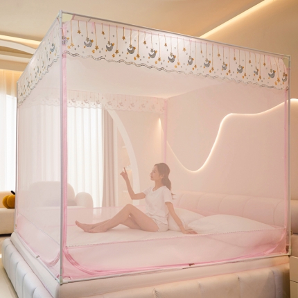 91家纺网 家纺一手货源 找家纺 （总）海虹 2024新款升级遮光床笠防摔一体防尘顶特密帐纱-2301款