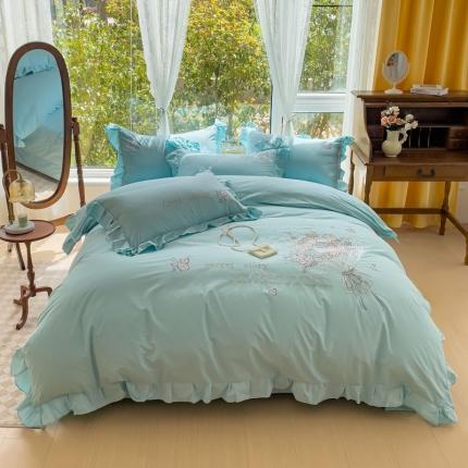 91家纺网 家纺一手货源 找家纺 星尚家纺 2024新款全棉水洗棉韩版花边绣花纯棉四件套-馥郁 水绿