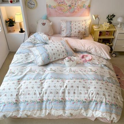 91家纺网 家纺一手货源 找家纺 昔可 2024新款全棉小清新印花四件套 复古花花兔