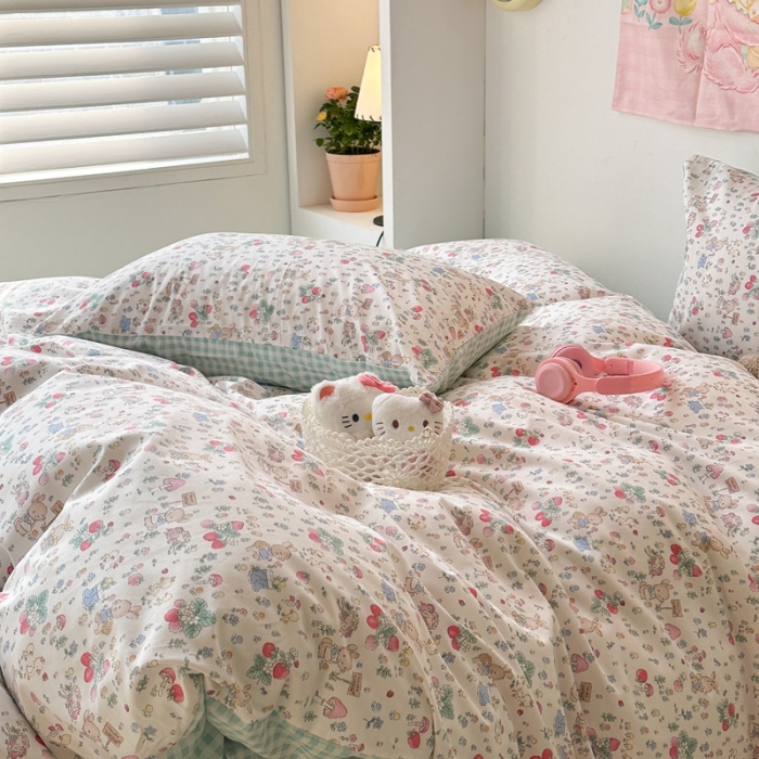 91家纺网 家纺一手货源 找家纺 昔可 2024新款全棉小清新印花四件套 春日小兔序曲