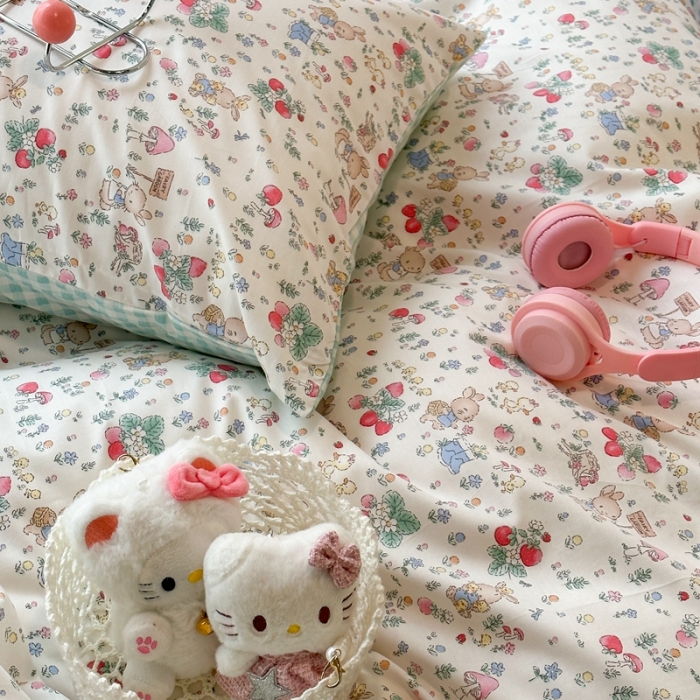 91家纺网 家纺一手货源 找家纺 昔可 2024新款全棉小清新印花四件套 春日小兔序曲