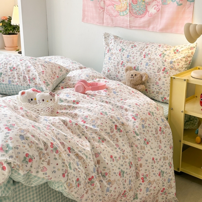 91家纺网 家纺一手货源 找家纺 昔可 2024新款全棉小清新印花四件套 春日小兔序曲