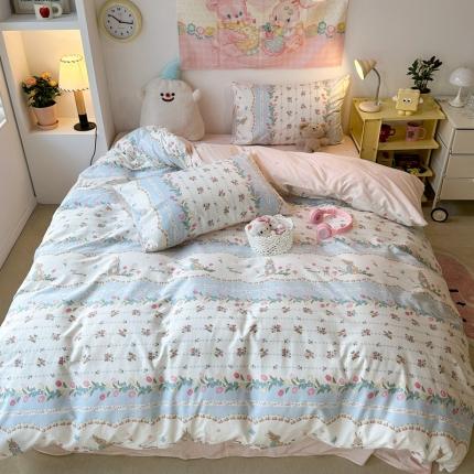 昔可 2024新款全棉小清新印花四件套 复古花花兔