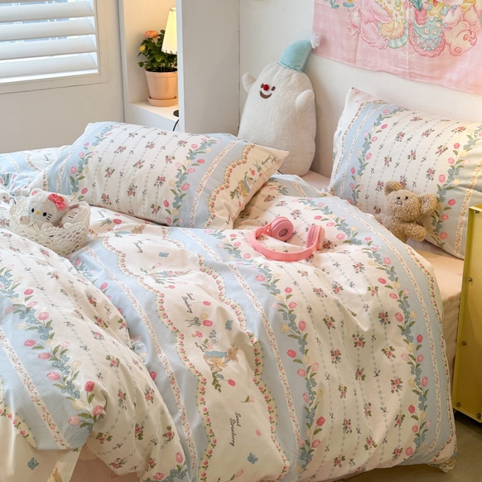 91家纺网 家纺一手货源 找家纺 昔可 2024新款全棉小清新印花四件套 复古花花兔