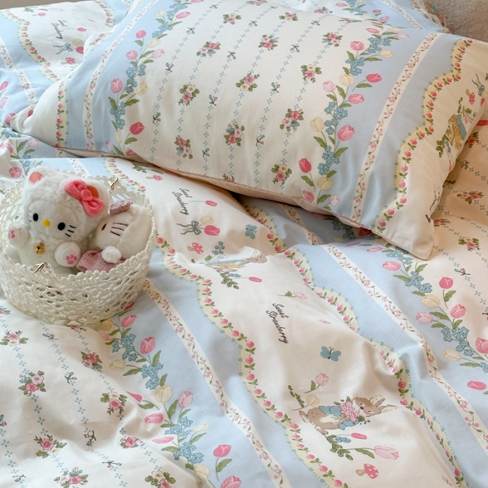 91家纺网 家纺一手货源 找家纺 昔可 2024新款全棉小清新印花四件套 复古花花兔