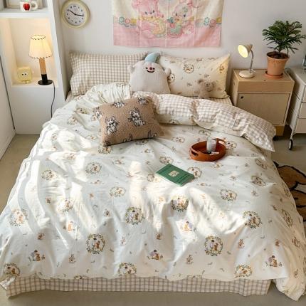 昔可 2024新款全棉小清新印花四件套 复古女孩和小熊