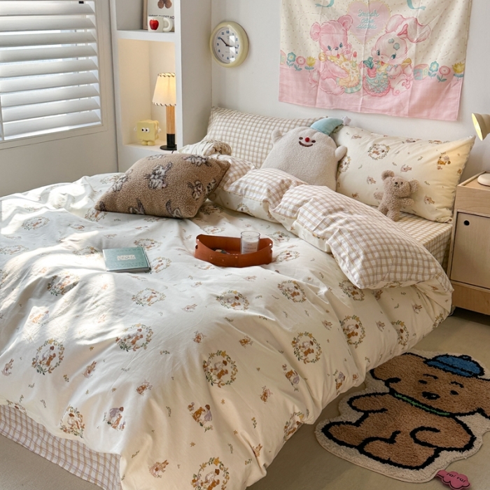 91家纺网 家纺一手货源 找家纺 昔可 2024新款全棉小清新印花四件套 复古女孩和小熊