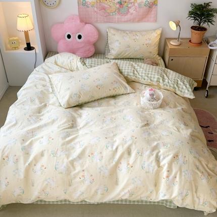 昔可 2024新款全棉小清新印花四件套 花花小白兔 黄底