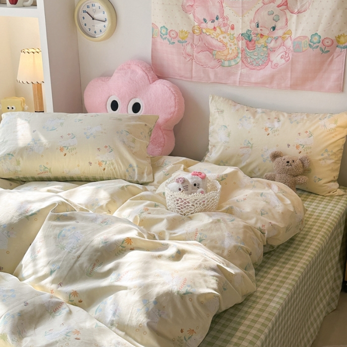 91家纺网 家纺一手货源 找家纺 昔可 2024新款全棉小清新印花四件套 花花小白兔 黄底