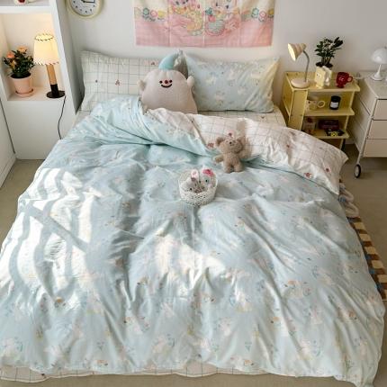 昔可 2024新款全棉小清新印花四件套 花花小白兔 蓝底