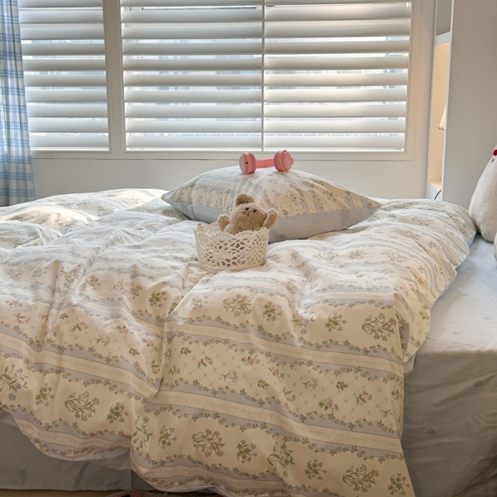 91家纺网 家纺一手货源 找家纺 昔可 2024新款全棉小清新印花四件套 蓝色仙仙花