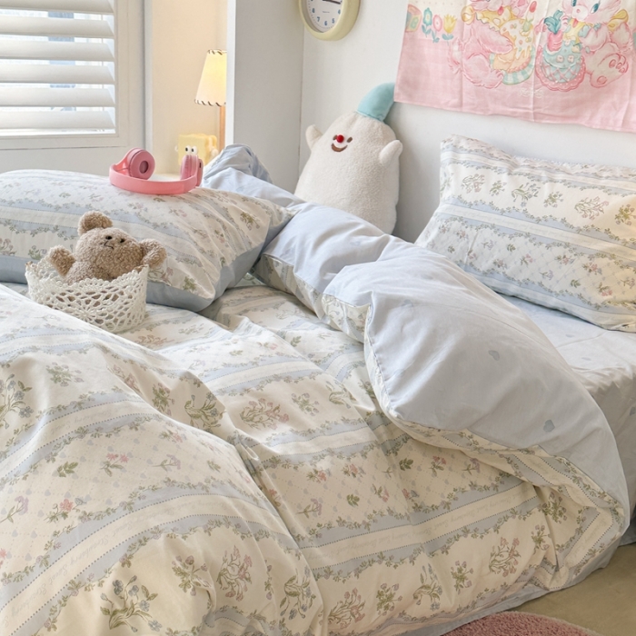 91家纺网 家纺一手货源 找家纺 昔可 2024新款全棉小清新印花四件套 蓝色仙仙花