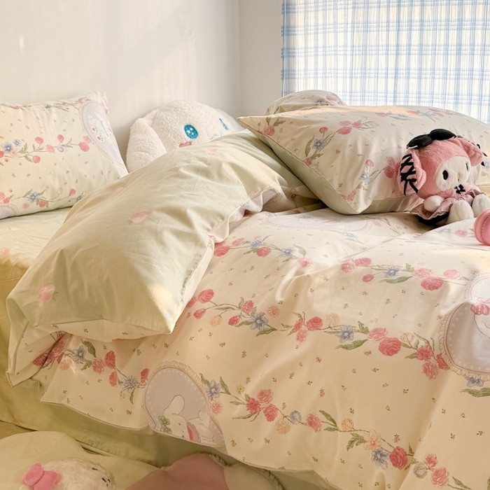 91家纺网 家纺一手货源 找家纺 昔可 2024新款全棉小清新印花四件套 萌萌兔粉花