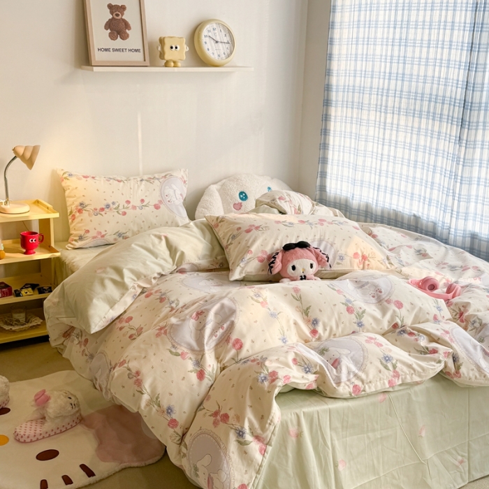 91家纺网 家纺一手货源 找家纺 昔可 2024新款全棉小清新印花四件套 萌萌兔粉花