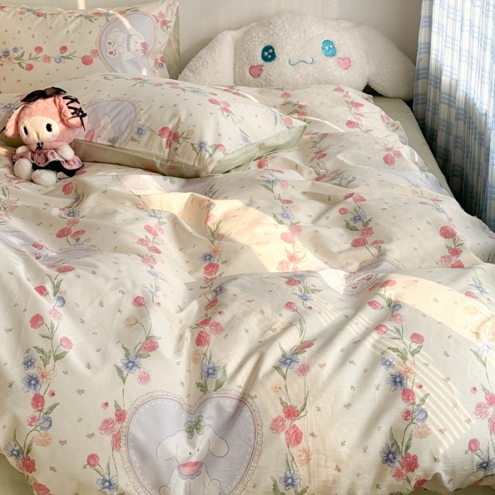 91家纺网 家纺一手货源 找家纺 昔可 2024新款全棉小清新印花四件套 萌萌兔粉花