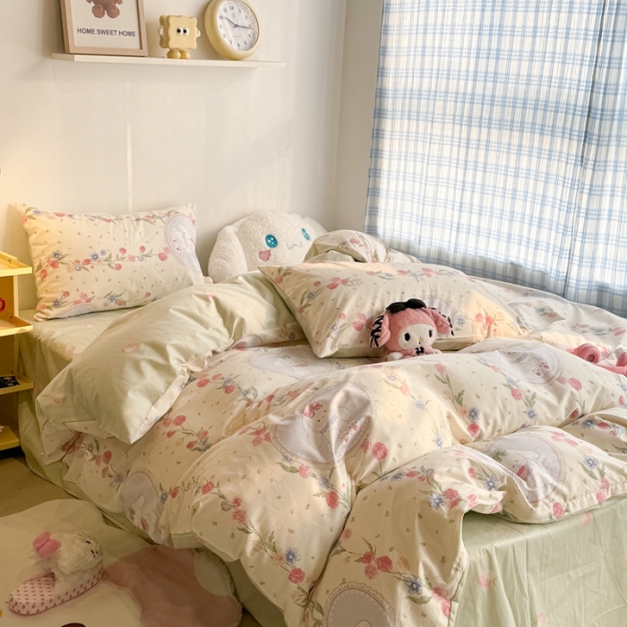 91家纺网 家纺一手货源 找家纺 昔可 2024新款全棉小清新印花四件套 萌萌兔粉花