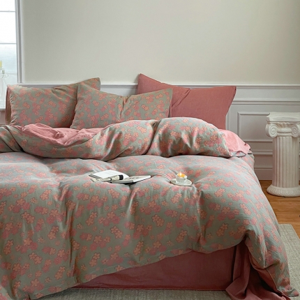 91家纺网 家纺一手货源 找家纺 （总）艾咪 新款法式复古风纯棉双层纱四件套色织提花（有单品售）