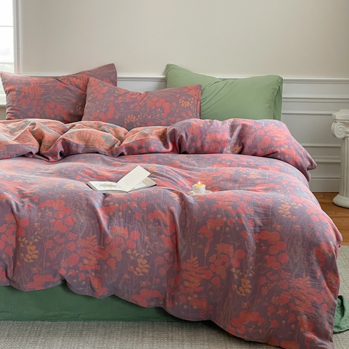 91家纺网 家纺一手货源 找家纺 艾咪 新款法式复古风纯棉双层纱布四件套（有单品售） 墨兰紫