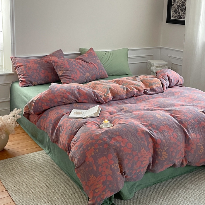 91家纺网 家纺一手货源 找家纺 艾咪 新款法式复古风纯棉双层纱布四件套（有单品售） 墨兰紫