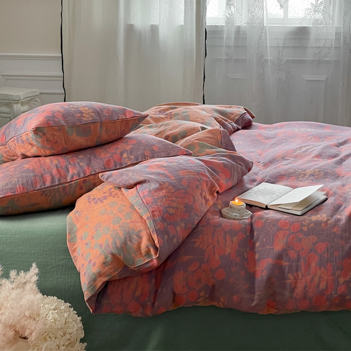 91家纺网 家纺一手货源 找家纺 艾咪 新款法式复古风纯棉双层纱布四件套（有单品售） 墨兰紫