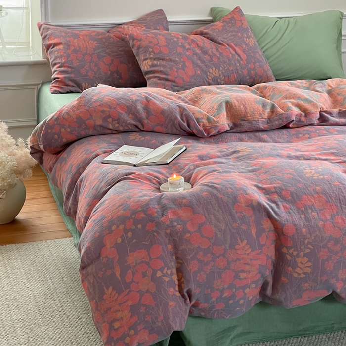 91家纺网 家纺一手货源 找家纺 艾咪 新款法式复古风纯棉双层纱布四件套（有单品售） 墨兰紫