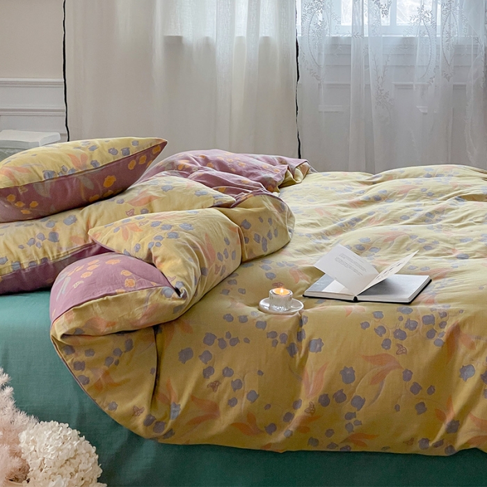 91家纺网 家纺一手货源 找家纺 艾咪 新款法式复古风纯棉双层纱布四件套（有单品售） 铃兰黄