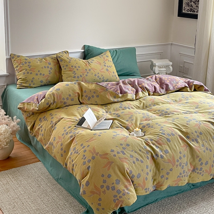 91家纺网 家纺一手货源 找家纺 艾咪 新款法式复古风纯棉双层纱布四件套（有单品售） 铃兰黄