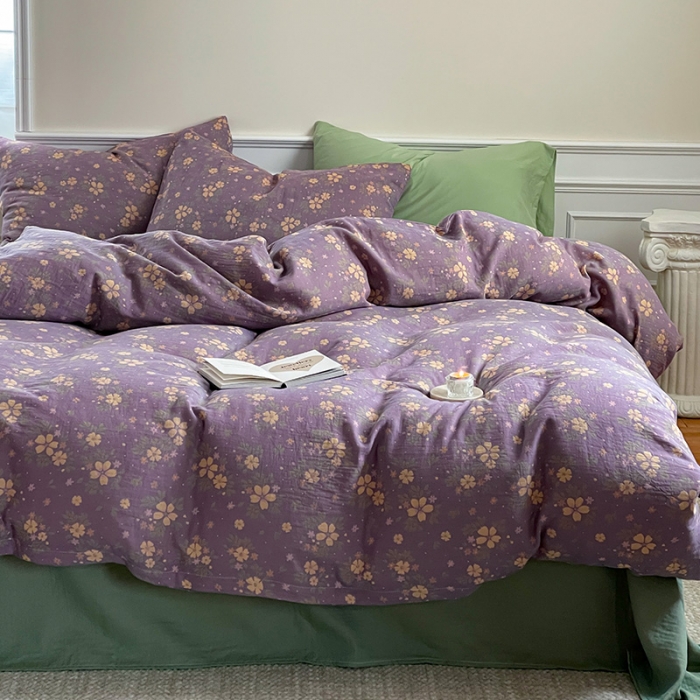 91家纺网 家纺一手货源 找家纺 艾咪 新款法式复古风纯棉双层纱布四件套（有单品售） 花语紫